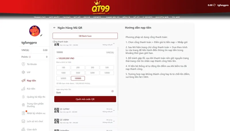 hướng dẫn nạp tiền qt99